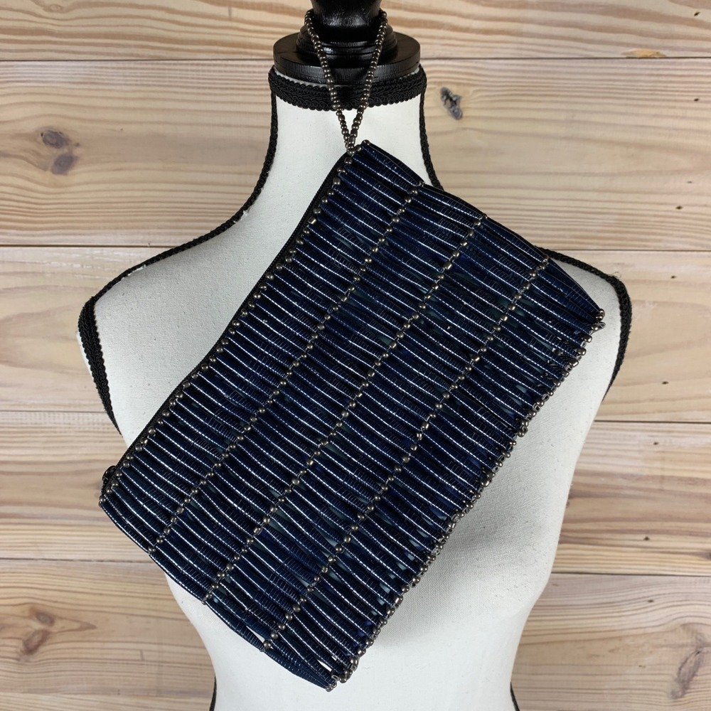 Handcrafted Clutch Women OS Navy Blue African‎ Recycled Newspaper Beaded